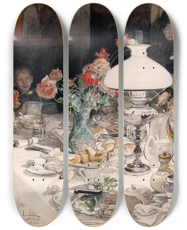 Triptych art skateboard deck of Carl Larsson Around The Evening Lamp by Carl Larsson (1853-1919)