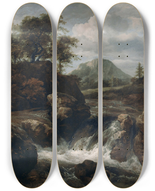 Triptych art skateboard deck of Jacob Van Ruisdael A Waterfall by Jacob Van Ruisdael (1628-1682)