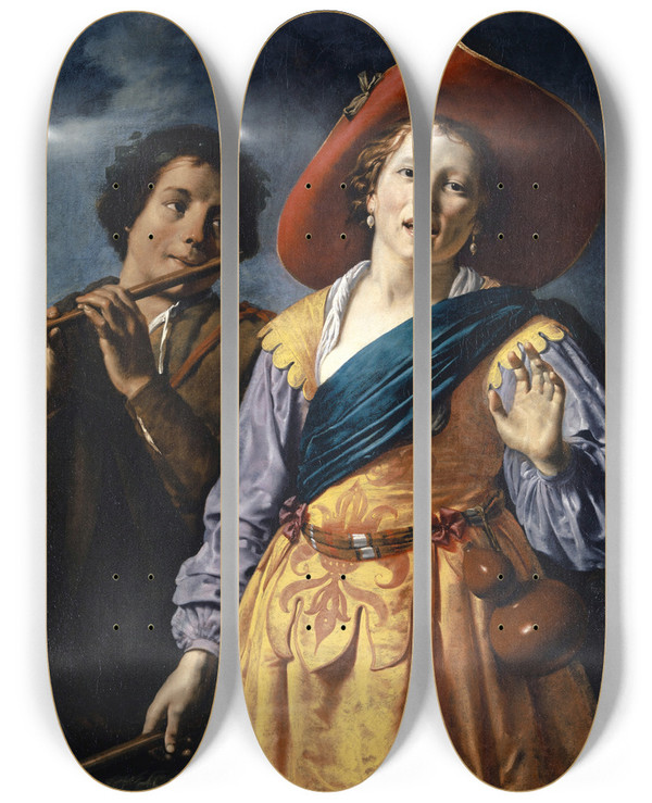 Triptych art skateboard deck of Johannes Paulus Moreelse Singing Shepherdess With Shepherd by Johannes Pauwelsz Moreelse (1603-1634)