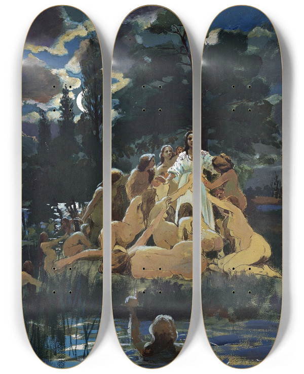 Triptych art skateboard deck of Konstantin Egorovich Makovsky Mermaids by Konstantin Egorovich Makovsky (1839-1915)