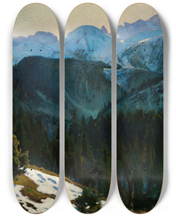 Triptych art skateboard deck of Stefan Filipkiewicz Tatra Mountain View by Stefan Filipkiewicz (1879-1944)