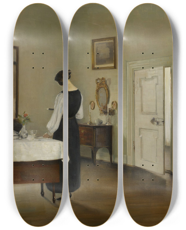 Triptych art skateboard deck of Carl Holse In The Dining Room by Carl Holsoe (1863-1935)