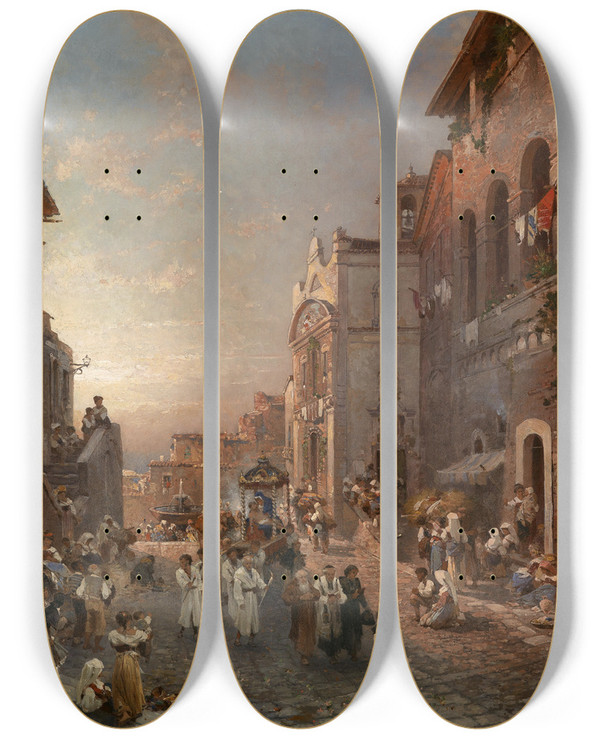 Triptych art skateboard deck of Franz Richard Unterberger Prozessionszug In Neapel by Franz Richard Unterberger (1838-1902)