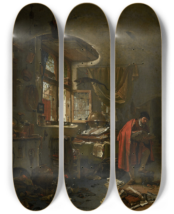 Triptych art skateboard deck of Thomas Wijck The Alchemist_1 by Thomas Wijck (1616-1677)