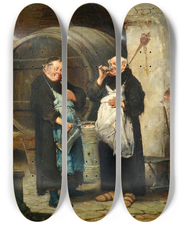 Triptych art skateboard deck of Adolf Humborg Zwei Mnche Im Weinkeller by Adolf Humborg (1847-1921)