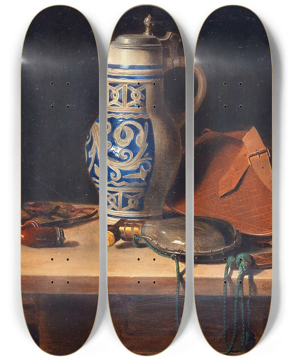 Triptych art skateboard deck of Max Schdl Still Life With Pitcher And Powder Flask by Max Schodl (1834-1921)