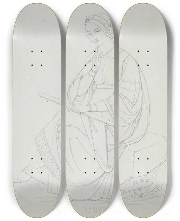 Triptych art skateboard deck of Johan Ludvig Lund Studie Til De Tre Norner by Johan Ludvig Lund (1777-1867)