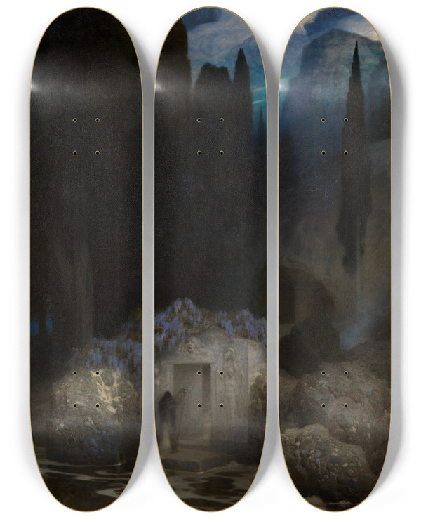 Triptych art skateboard deck of Ferdinand Keller Bcklins Grab by Ferdinand Keller (1842-1922)