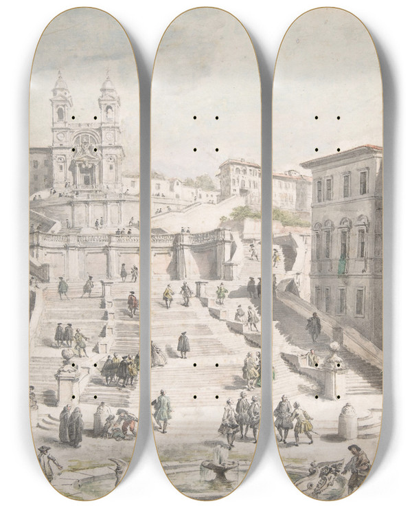 Triptych art skateboard deck of Giovanni Paolo Panini Scalinata Della Trinit Dei Monti by Giovanni Paolo Panini (1691-1765)