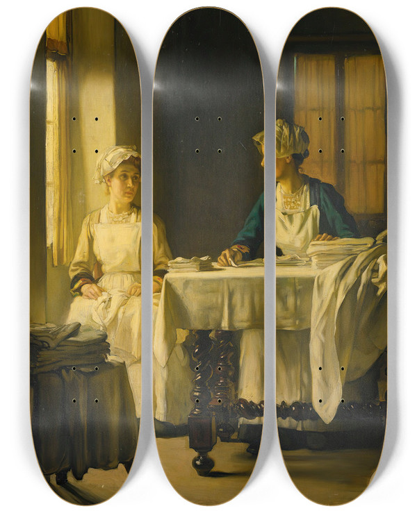 Triptych art skateboard deck of Joseph Bail Interior With Two Women Folding Sheets by Joseph Bail (1862-1921)