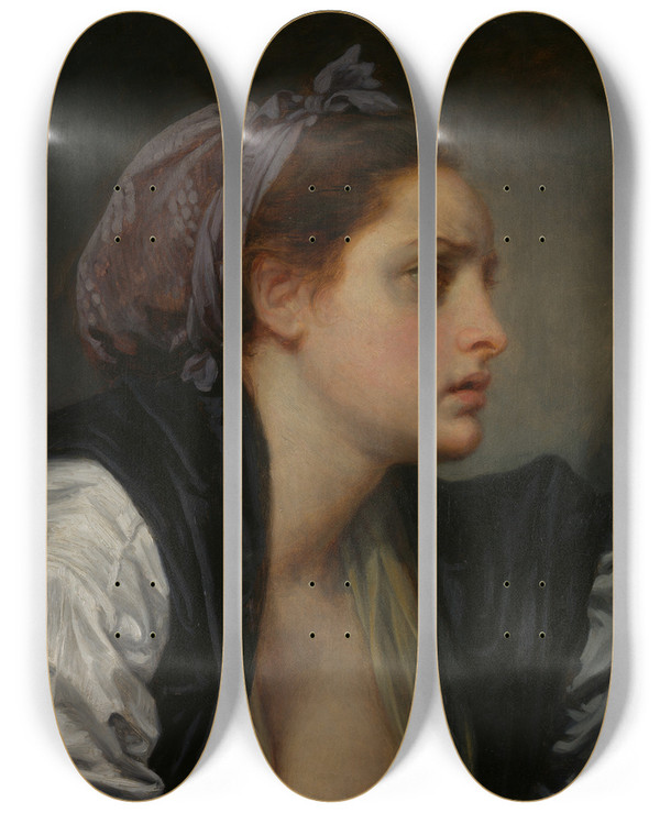 Triptych art skateboard deck of Jeanbaptiste Greuze Study Of A Womans Head by Jean-Baptiste Greuze (1725-1805)