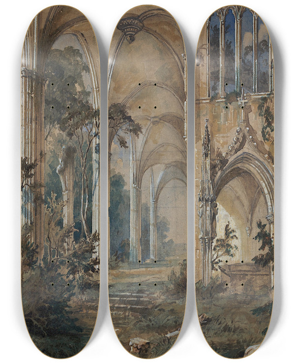 Triptych art skateboard deck of Carl Blechen Gothic Church Ruin by Carl Blechen (1798-1840)