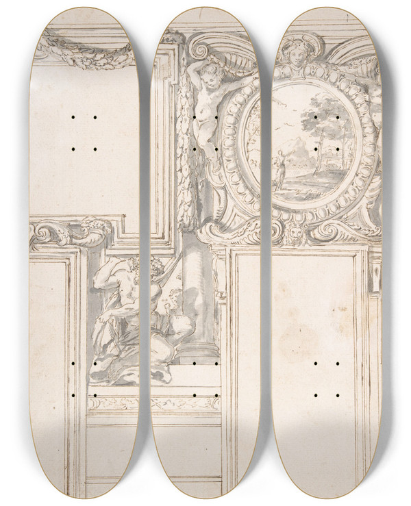 Triptych art skateboard deck of Luigi Garzi Design Wall Elevation With Stucco And Painted Decorations_1 by Luigi Garzi (1638-1721)