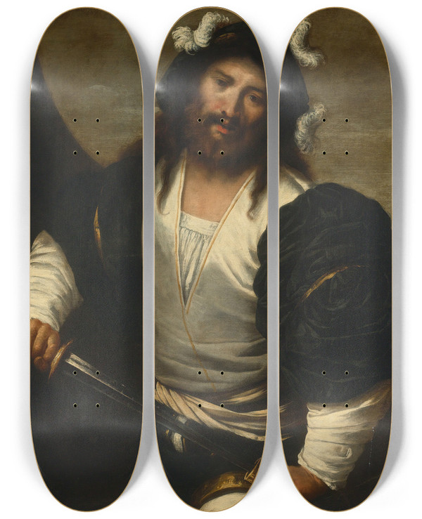 Triptych art skateboard deck of Pietro Della Vecchia Man Drawing A Sword by Pietro della Vecchia (1602-1678)
