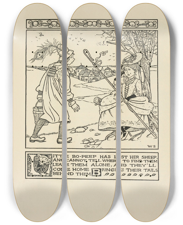 Triptych art skateboard deck of Winifred Smith Little Bopeep Has Lost Her Sheep by Winifred Smith (19-)
