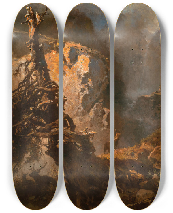Triptych art skateboard deck of Anton Schrdl Chamois High In The Mountains by Anton Schrodl (1820-1906)
