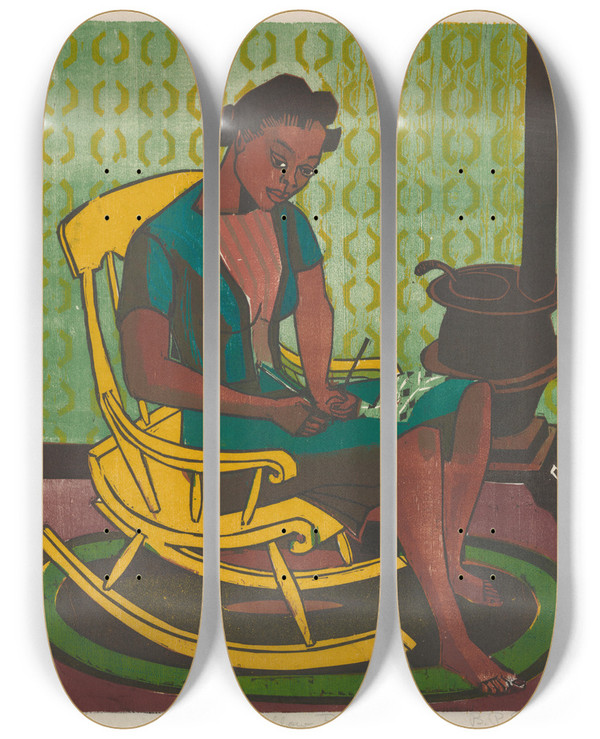 Triptych art skateboard deck of Bernard P Schardt Yellow Rocker by Bernard P Schardt (1904-1979)