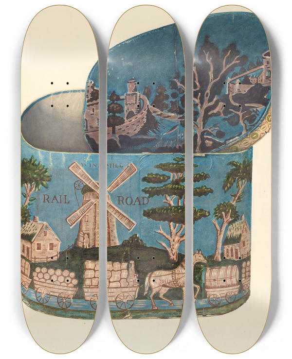 Triptych art skateboard deck of Frank Mcentee Hat Box by Frank Mcentee