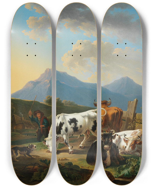 Triptych art skateboard deck of Johann Baptist Dallinger Von Dalling Bauer Mit Stier Und Khen by Johann Baptist Dallinger Von Dalling (1782-1868)