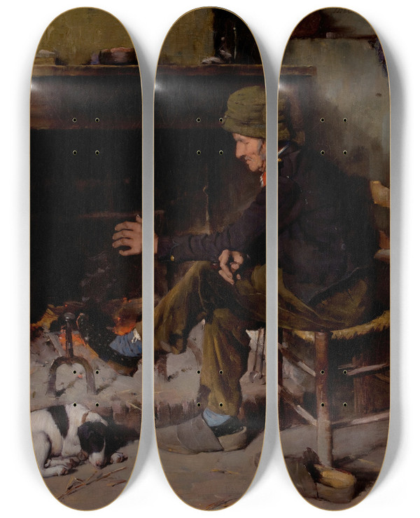 Triptych art skateboard deck of Benjamin West Clinedinst Man With His Dog Before A Hearth by Benjamin West Clinedinst (1859-1931)