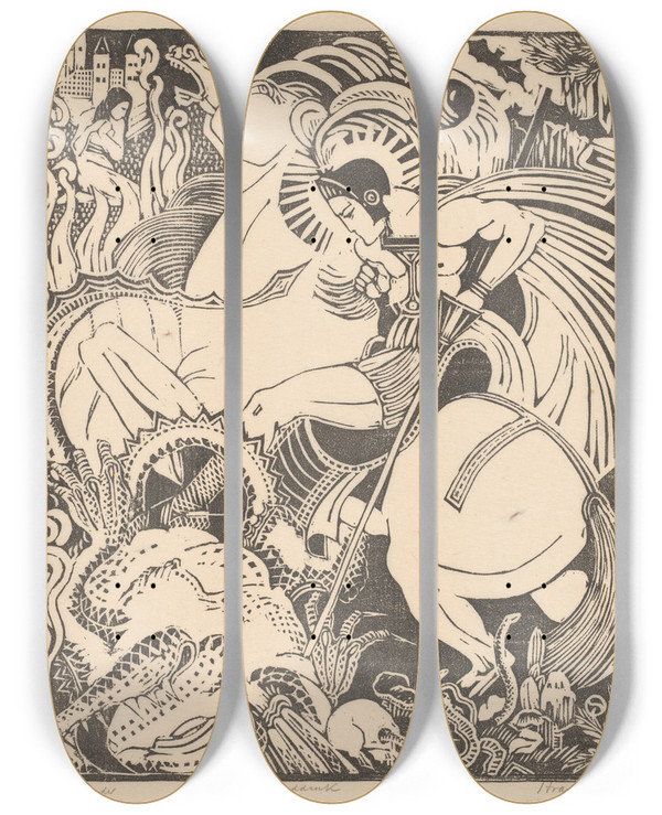 Triptych art skateboard deck of Henri Van Der Stok De Drakendooder by Henri van der Stok (1870-1946)