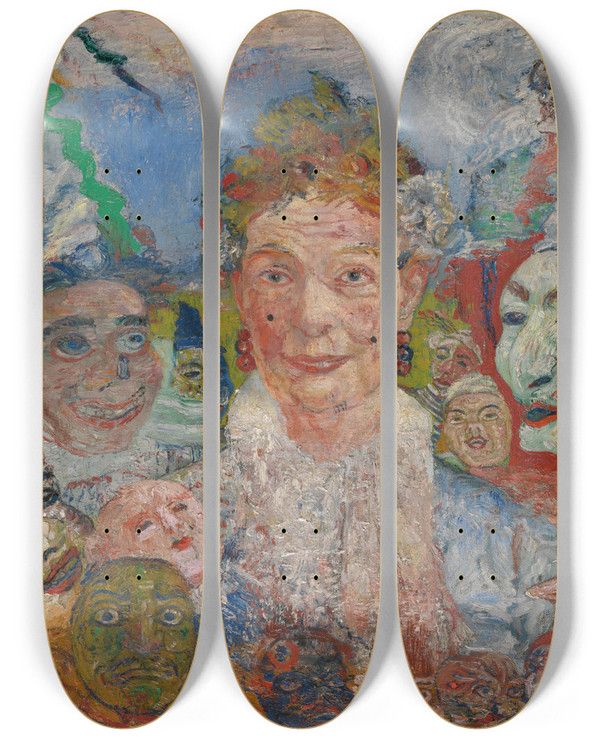 Triptych art skateboard deck of James Ensor Old Lady With Masks by James Ensor (1860-1949)