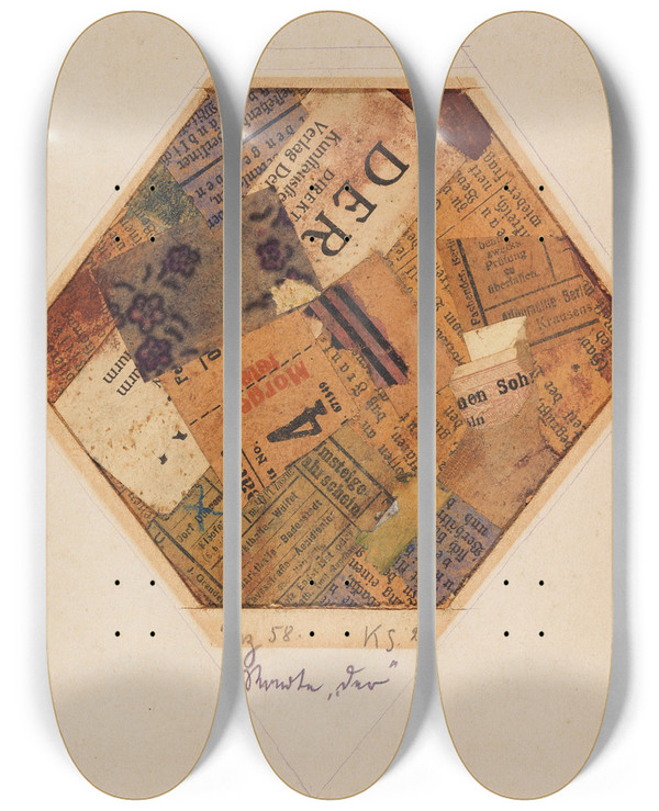 Triptych art skateboard deck of Kurt Schwitters Mz 58 Worte Der by Kurt Schwitters (1887-1948)