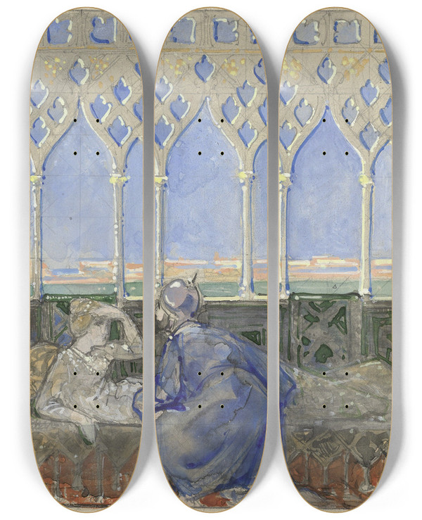 Triptych art skateboard deck of Bernard Willem Wierink Vrouw Op Rustbed En Man Knielend Naast Haar by Bernard Willem Wierink (1856-1939)