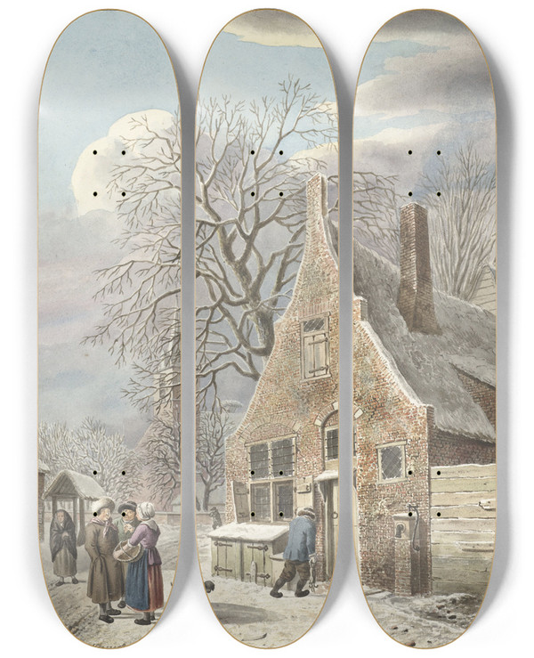 Triptych art skateboard deck of Johannes Christiaan Janson Dorp Onder Sneeuw by Johannes Christiaan Janson (1763-1823)