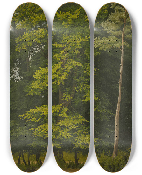 Triptych art skateboard deck of Christian Heerdt Broadleaf Forest Study In Oil_2 by Christian Heerdt (1812-1878)