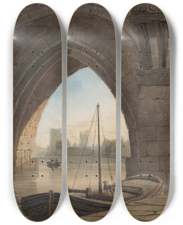 Triptych art skateboard deck of John Varley Looking Under The Bridge by John Varley (1778-1842)