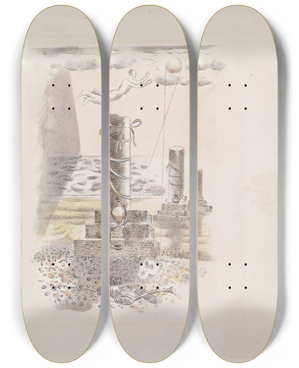 Triptych art skateboard deck of Paul Nash Design For Urne Buriall Sorrow by Paul Nash (1889-1946)