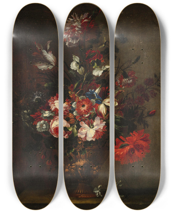 Triptych art skateboard deck of Nicolas Baudesson Still Life With Flowers by Nicolas Baudesson (1611-1680)