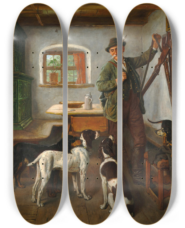 Triptych art skateboard deck of Adolf Eberle Off To The Hunt_1 by Adolf Eberle (1843-1914)