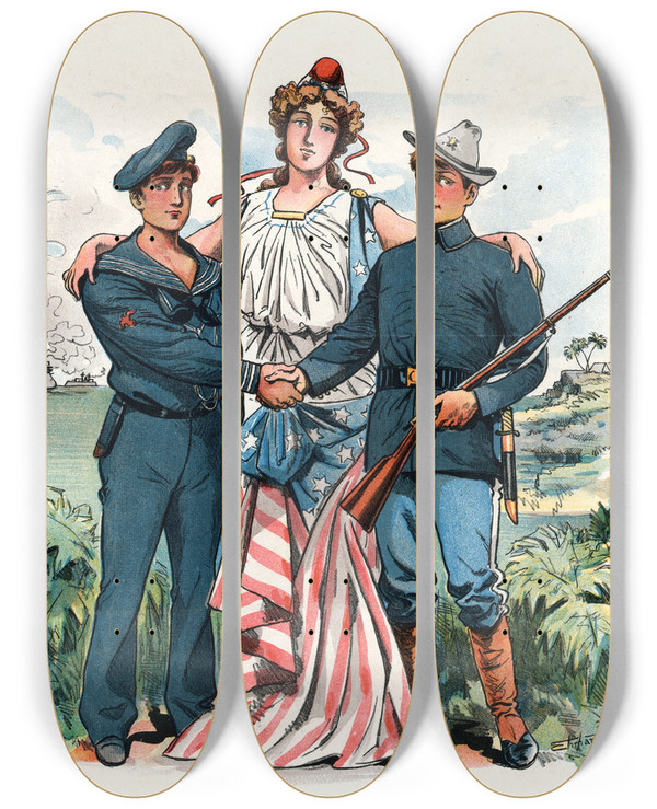 Triptych art skateboard deck of Samuel Ehrhart Proud Of Her Boys by Samuel Ehrhart (1862-1937)