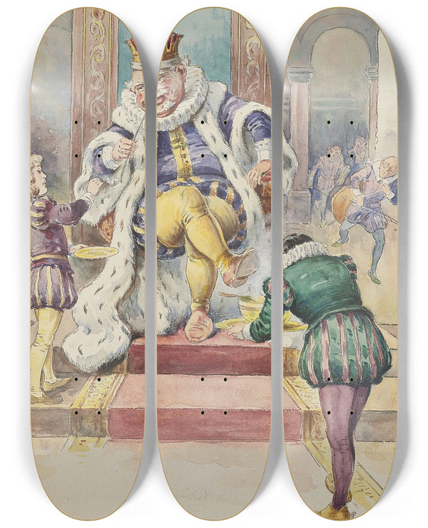 Triptych art skateboard deck of Mcloughlin Bros Old King Cole by Mcloughlin Bros (1858-1920)