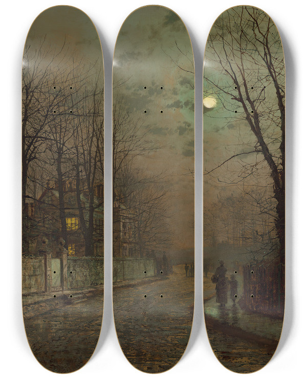Triptych art skateboard deck of John Atkinson Grimshaw A Wet Road Knostrop Yorkshire by John Atkinson Grimshaw (1836-1893)