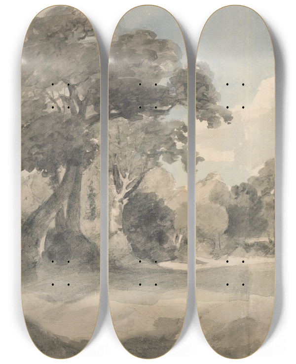 Triptych art skateboard deck of John Constable Trees In A Meadow by John Constable (1776-1837)