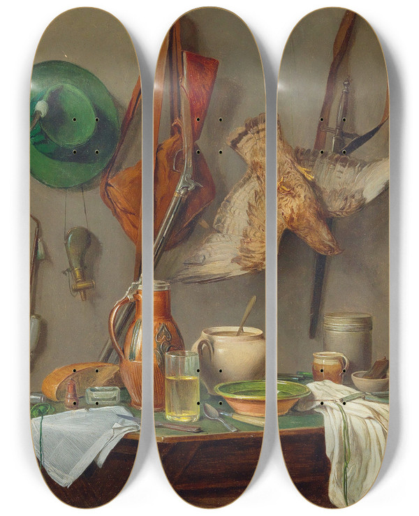 Triptych art skateboard deck of Josef Mansfeld Jagdstillleben by Josef Mansfeld (1819-1894)