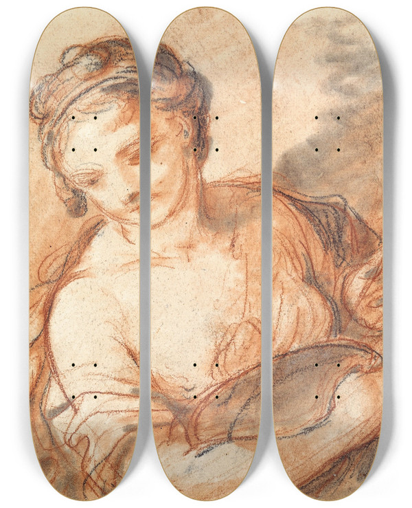 Triptych art skateboard deck of Charlesjoseph Natoire Allegory Of Painting by Charles Joseph Natoire (1700-1777)