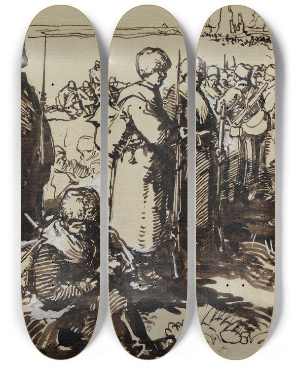 Triptych art skateboard deck of Auguste Louis Lepre Bataille De Tannenberg by Auguste Louis Lepere (1849-1918)