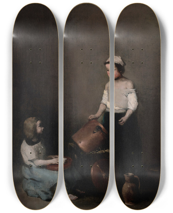 Triptych art skateboard deck of Thodule Ribot Les Petites Rcureuses by Theodule Ribot (1823-1891)