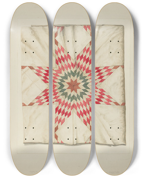 Triptych art skateboard deck of Wilford H Shurtliff Hand Made Quilt by Wilford H Shurtliff
