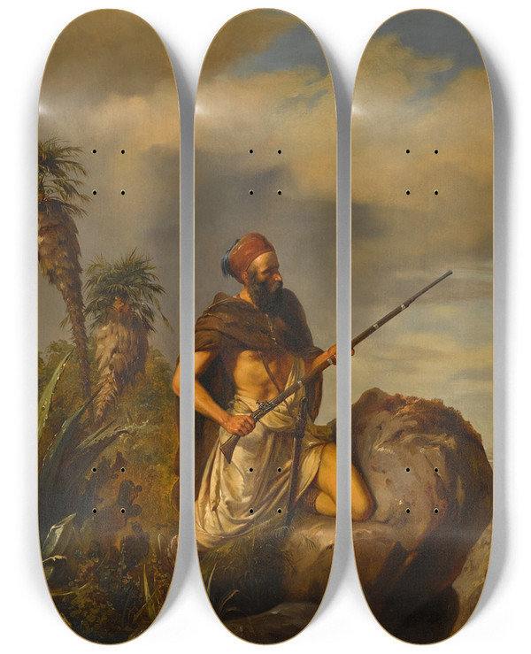 Triptych art skateboard deck of Pierre Olivier Joseph Coomans On Guard by Pierre Olivier Joseph Coomans (1816-1889)