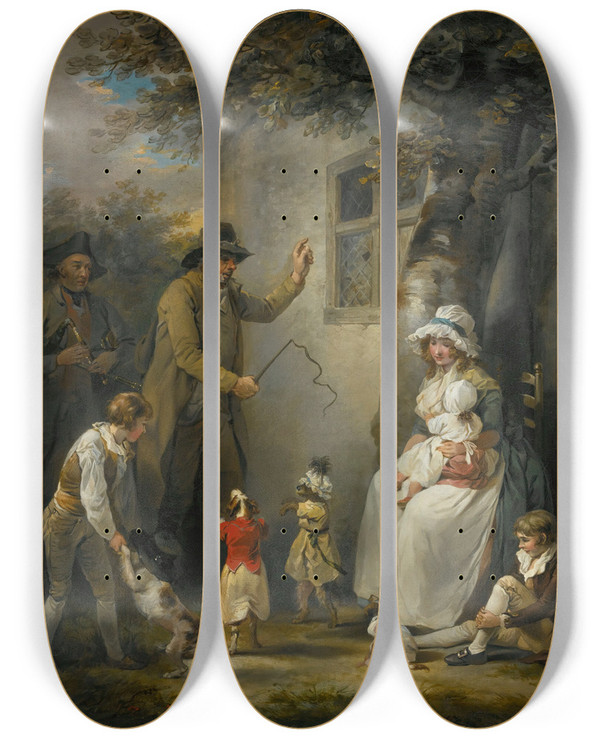 Triptych art skateboard deck of George Morland Dancing Dogs by George Morland (1763-1804)