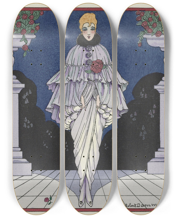 Triptych art skateboard deck of H Robert Dammy Elle Sappelle Manon Cape Du Soir De Doucet by H Robert Dammy (1890)