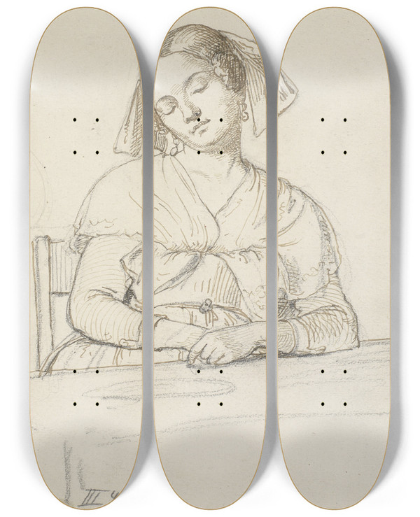 Triptych art skateboard deck of Wilhelm Marstrand Sovende Kvinde Siddende Ved Et Bord by Wilhelm Marstrand (1810-1873)