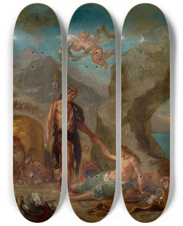 Triptych art skateboard deck of Eugne Delacroix The Autumn Baccus And Ariadne by Eugene Delacroix (1798-1863)