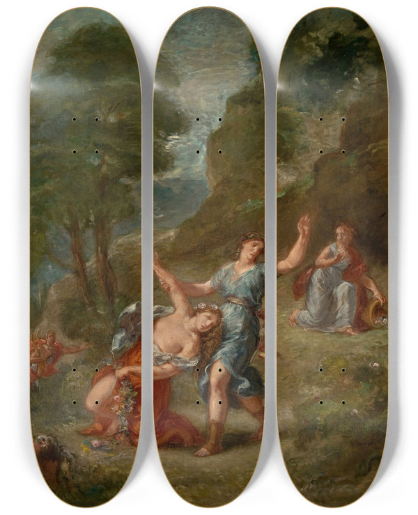 Triptych art skateboard deck of Eugne Delacroix The Spring Eurydice Bitten By A Serpent While Picking Flowers Eurydices Death by Eugene Delacroix (1798-1863)