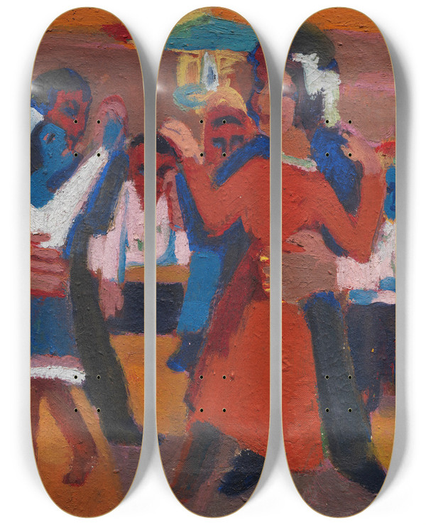 Triptych art skateboard deck of Ernst Ludwig Kirchner Bauerntanz by Ernst Ludwig Kirchner (1880-1938)
